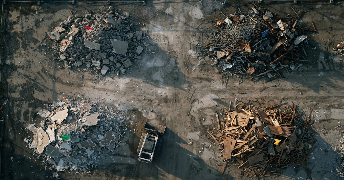 Overhead view of a demolition site with sorted debris piles in morning light