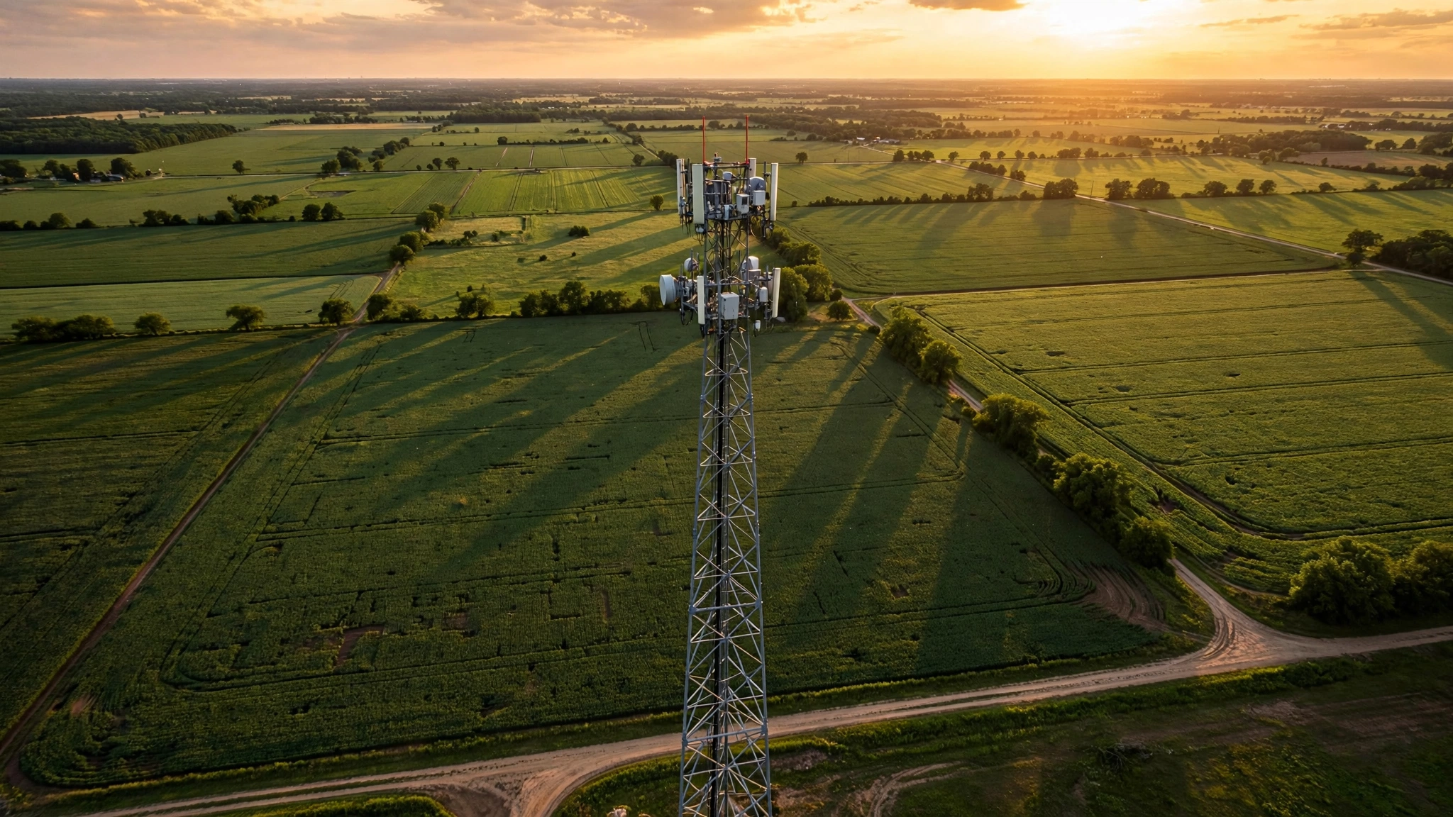 Cell tower rising above rural farmland at golden hour