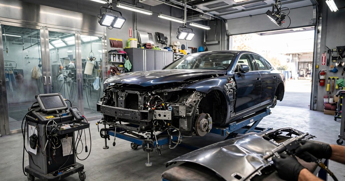 Interior of a professional collision repair facility with a sedan on a frame rack