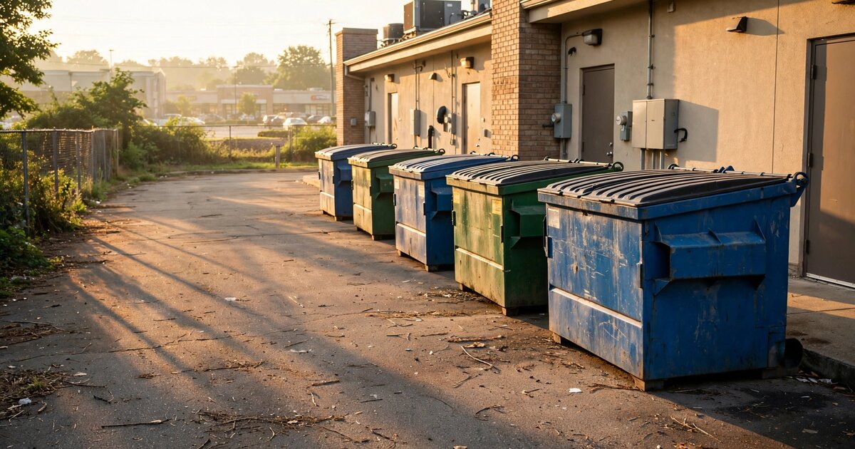 Commercial dumpsters behind a strip mall at early morning with long shadows across a service alley