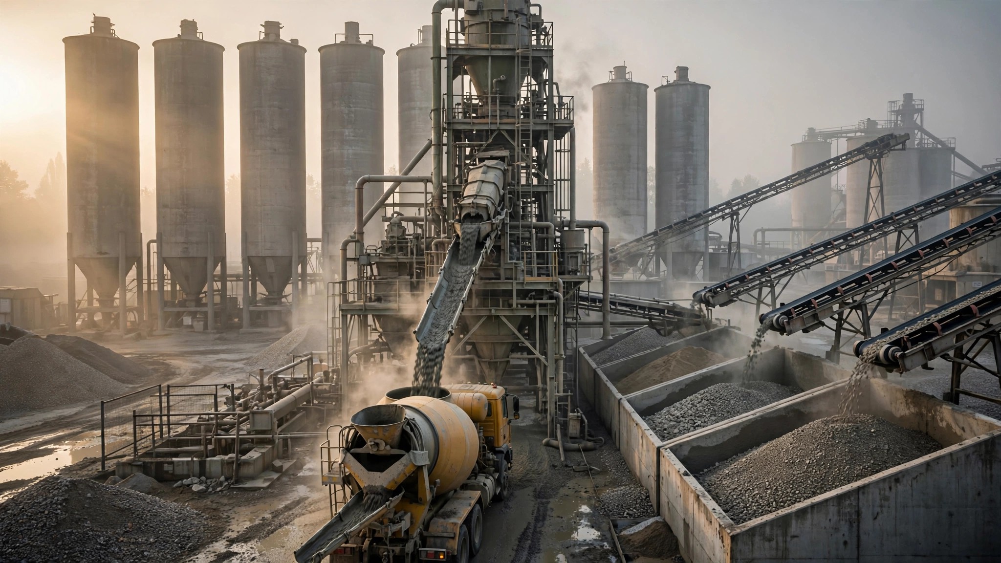 Industrial concrete ready-mix batch plant at early morning with silos and mixer truck loading