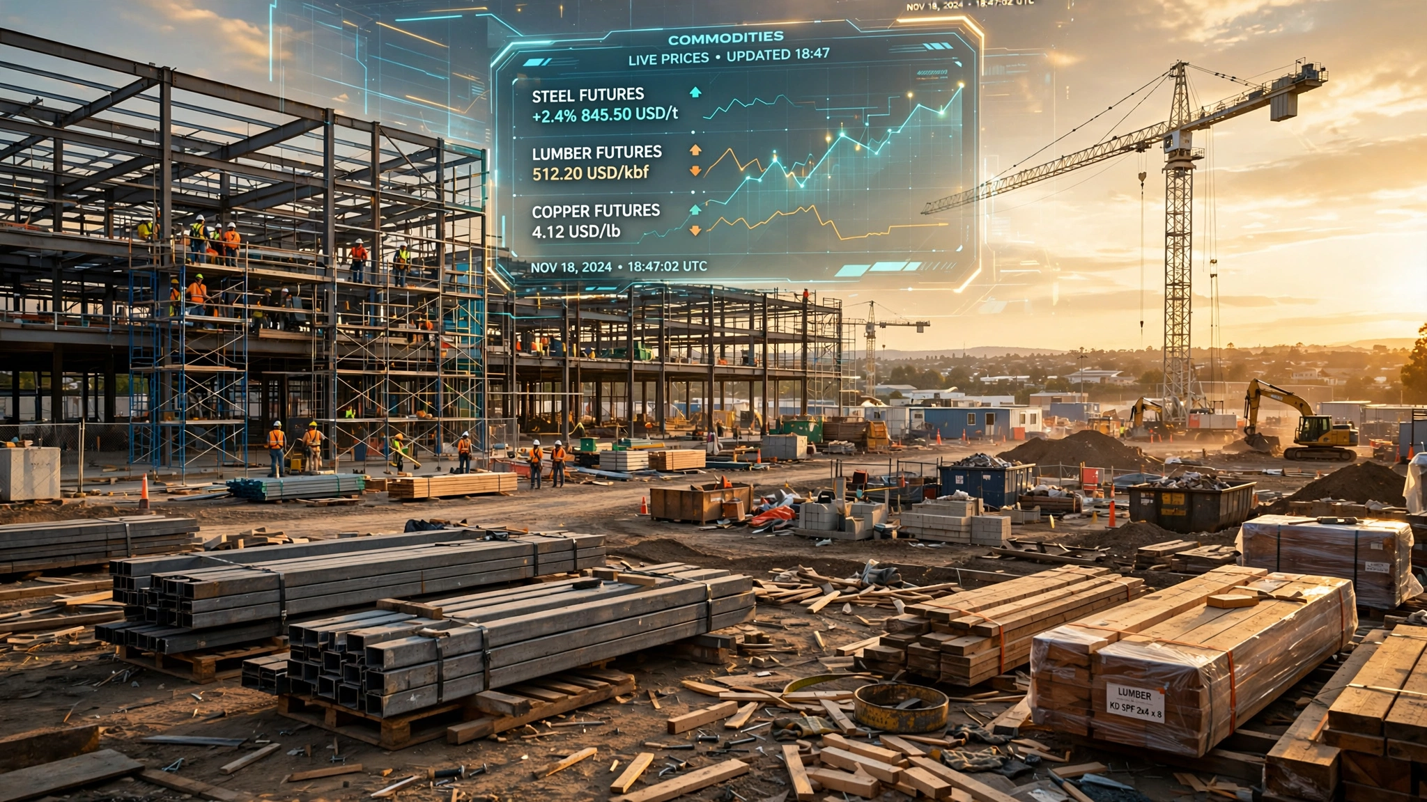 Active commercial construction site with steel framing and palletized materials at golden hour
