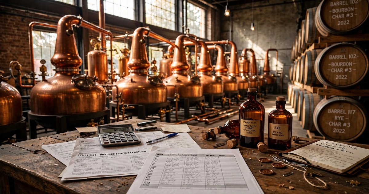 Copper distillery stills and oak barrels with tax forms on desk