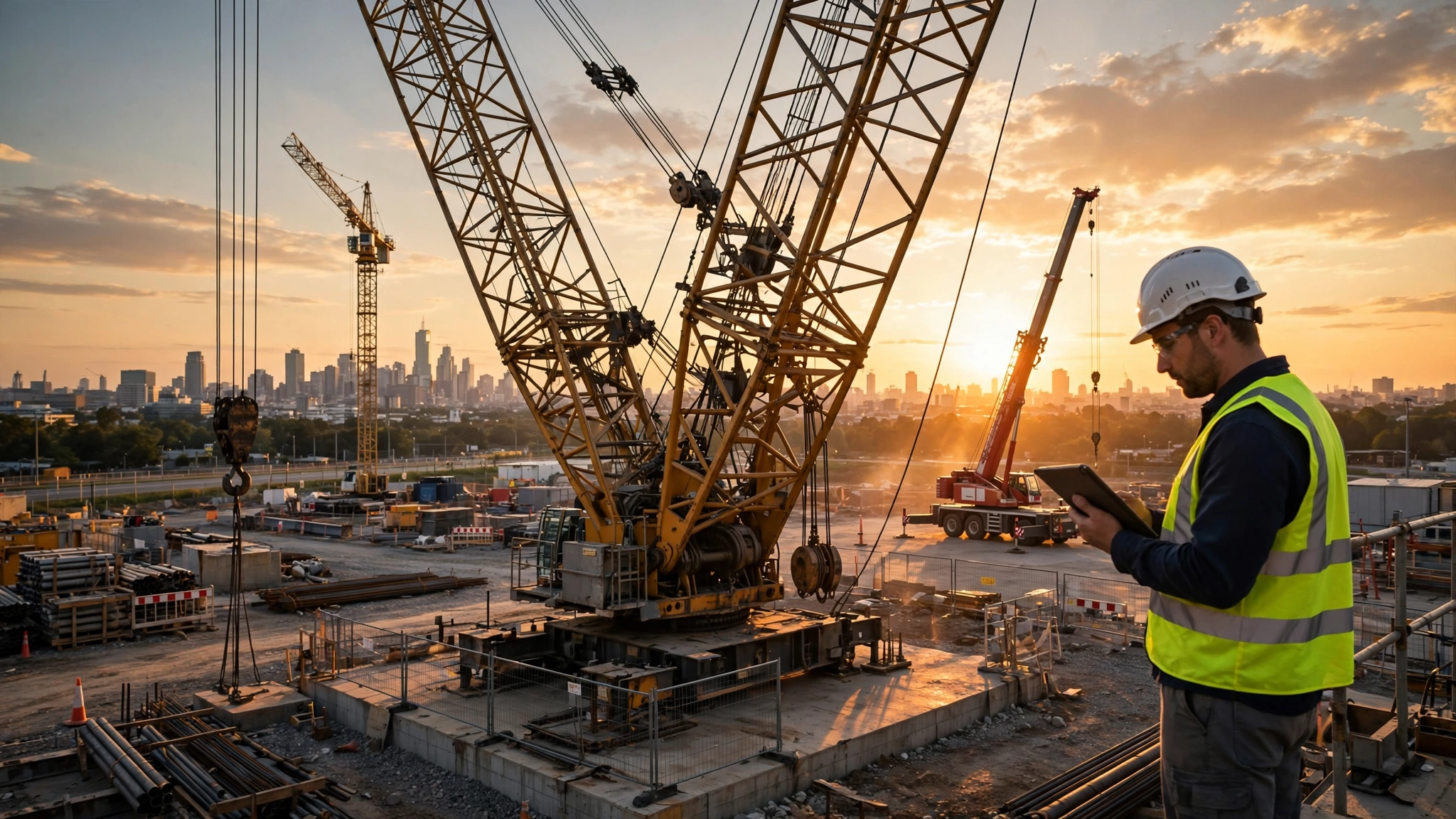 Construction crane at job site with inspector using digital tablet during golden hour inspection