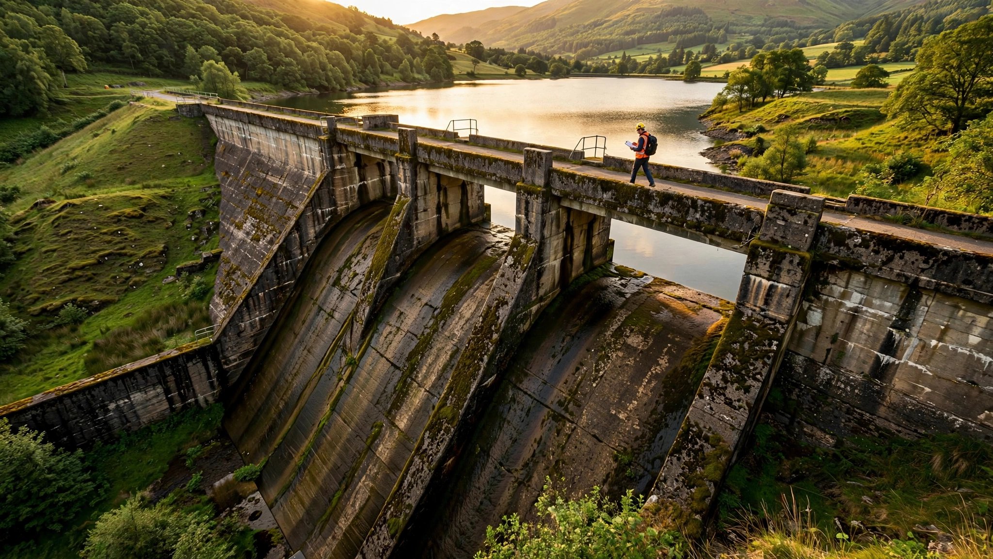 Aging concrete dam spillway in a rural valley with a lone inspector walking the crest at golden hour