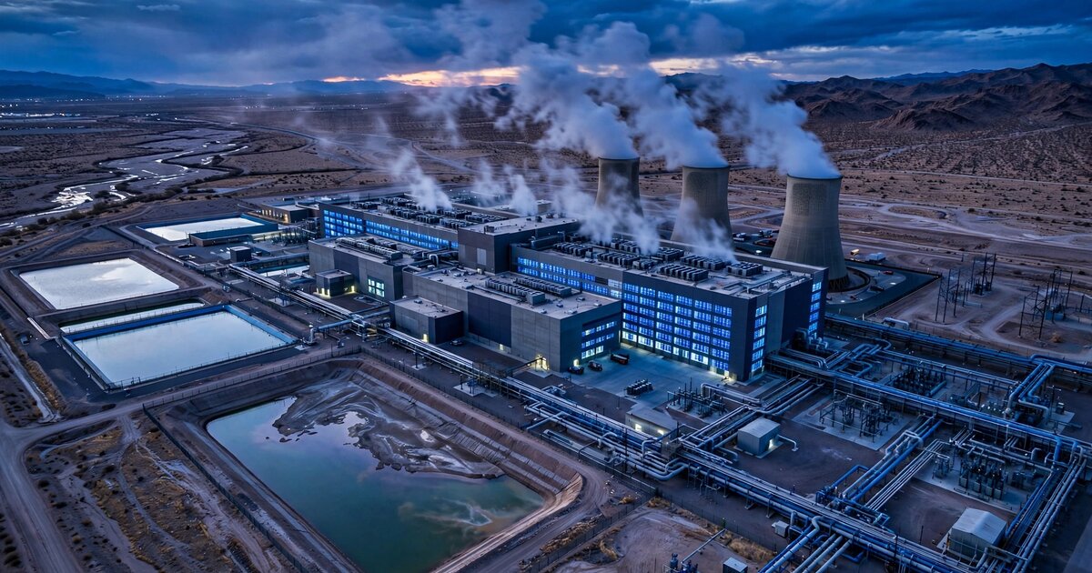 Aerial view of a data center with cooling towers and water infrastructure at twilight