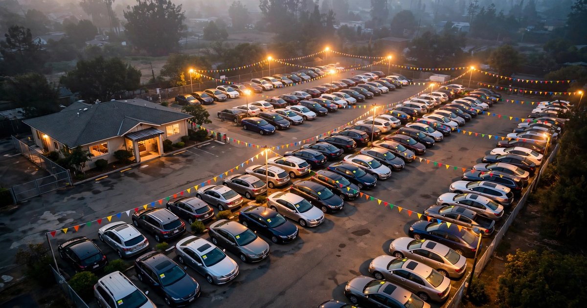 Aerial view of an independent used car dealership lot at dusk