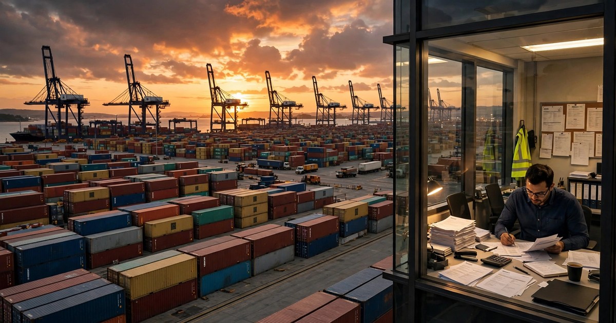 Container port terminal at dusk with shipping containers stacked in rows and gantry cranes against an orange sky