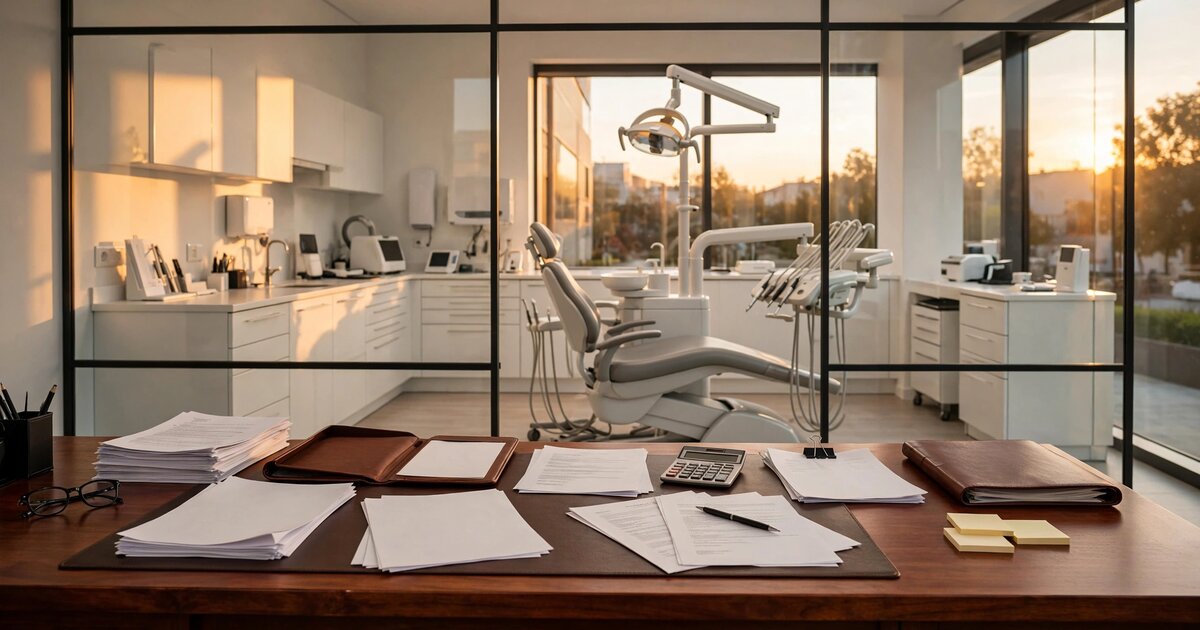 Modern dental office interior with financial documents on desk