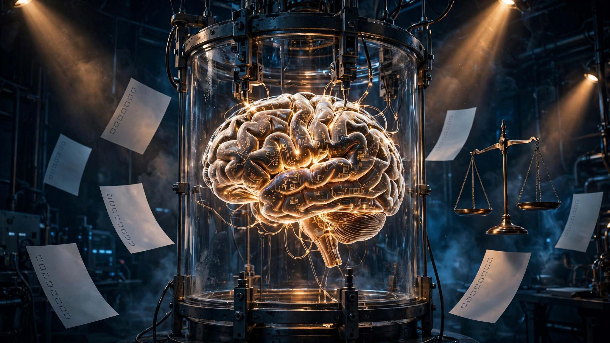 A glowing artificial brain core inside a glass inspection chamber, surrounded by compliance checklists and a scale of justice under examiners' spotlights