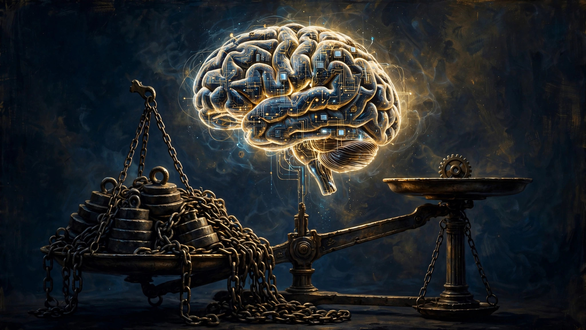 A luminous circuit brain floating above a balance scale, weighed down by iron chains and tax weights against a small dim gear