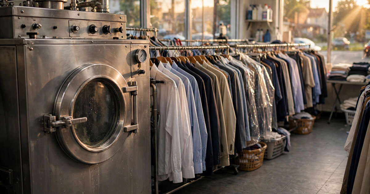 Interior of a neighborhood dry cleaning shop at golden hour, a large stainless steel dry cleaning machine with a round porthole door beside racks of freshly cleaned clothes