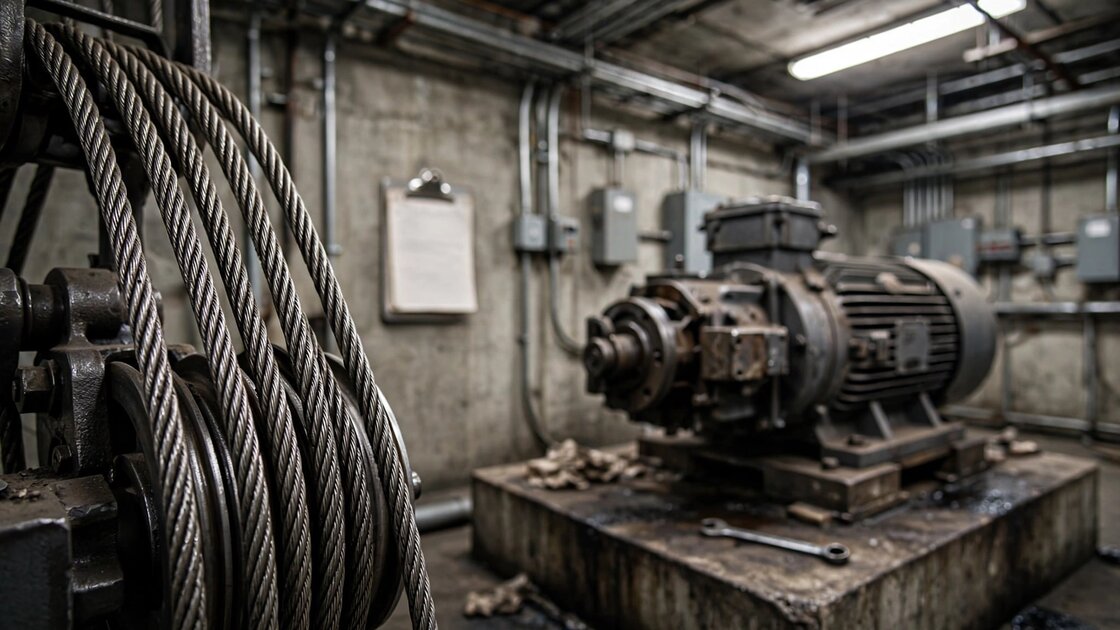 Inside an elevator machine room showing steel hoisting cables, a traction motor, and an inspection clipboard on the wall