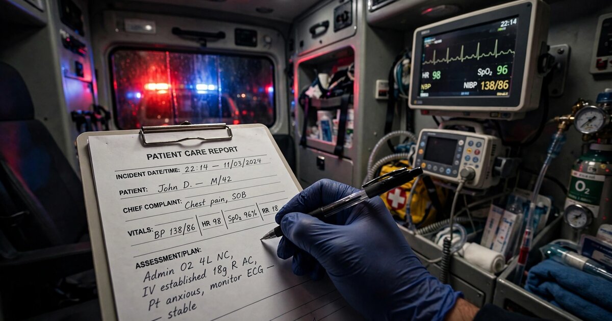 Interior of ambulance with paramedic writing on patient care report clipboard