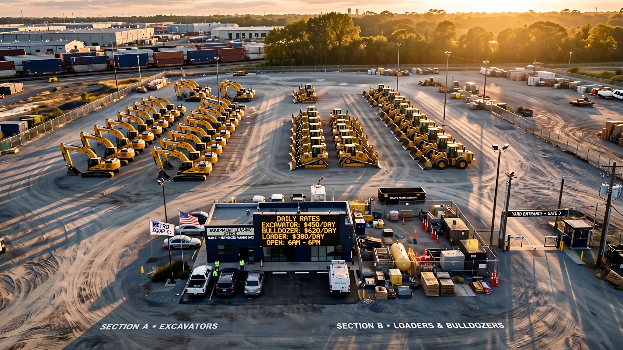 Equipment rental yard at golden hour with rows of excavators and pricing display