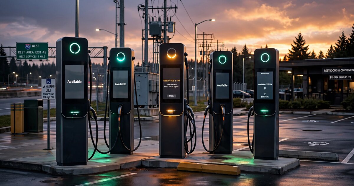 Row of DC fast EV charging stations at a highway rest stop with LED status indicators glowing at dusk