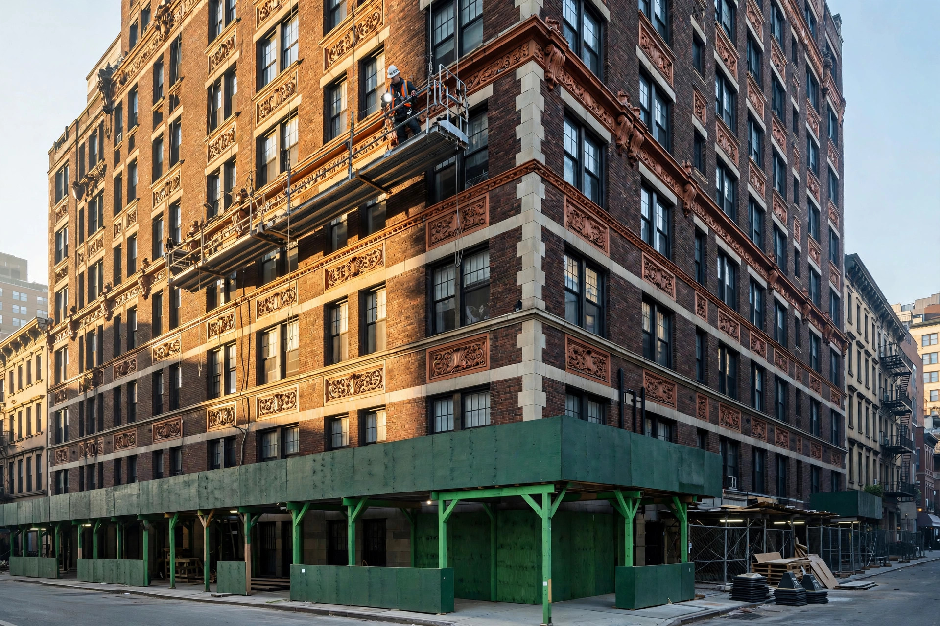 A prewar brick apartment building with ornate terra-cotta detailing, a facade inspector on a suspended scaffold examining the upper stories, and a green sidewalk shed protecting the sidewalk below