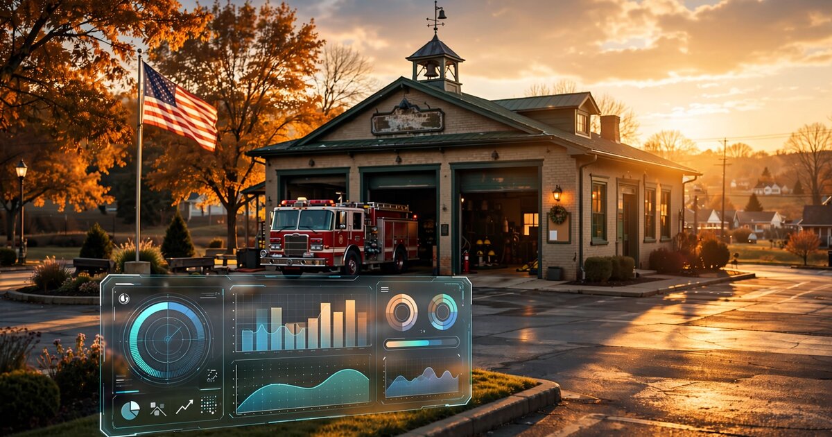 Volunteer fire station at golden hour with data analytics overlay showing rating metrics