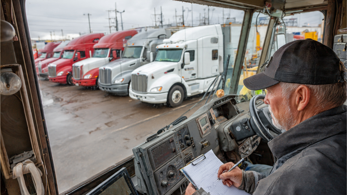 Small trucking fleet at dawn