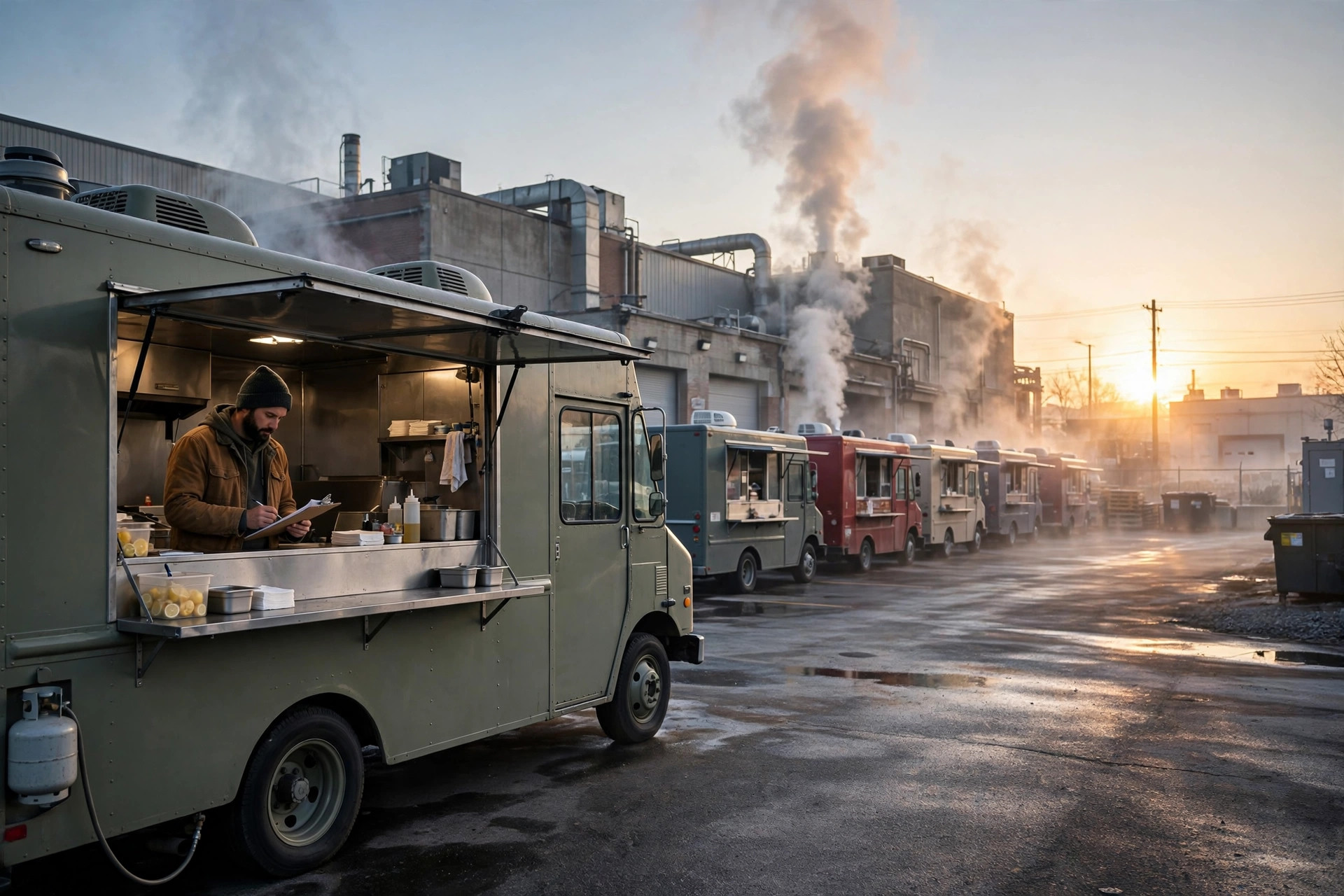 A food truck at dawn in a commissary lot, its owner checking paperwork while other trucks line up for the day's prep