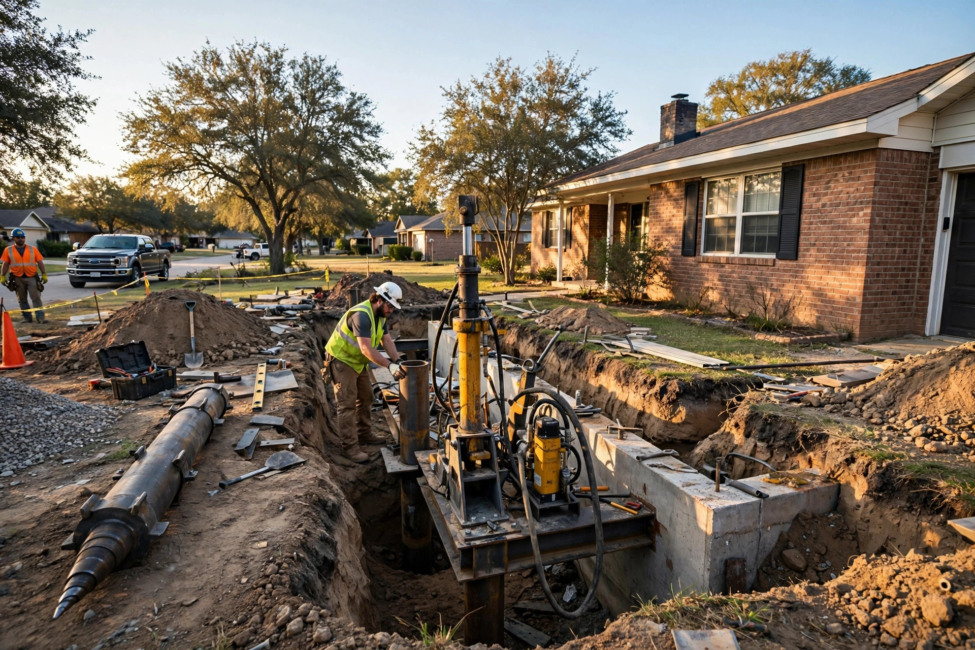A foundation repair crew installing steel piers beside a brick ranch home, hydraulic lifting equipment and an excavated trench exposing the concrete foundation wall at golden hour