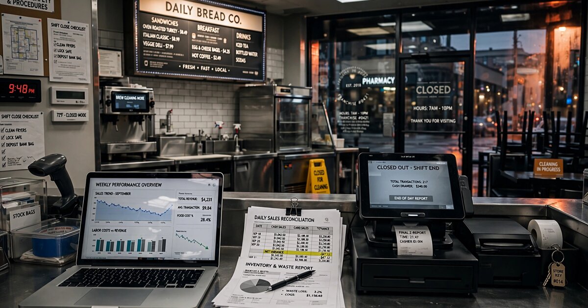 Interior of a quick-service franchise restaurant after hours, with financial spreadsheets and a laptop showing data analytics on the counter next to the POS system