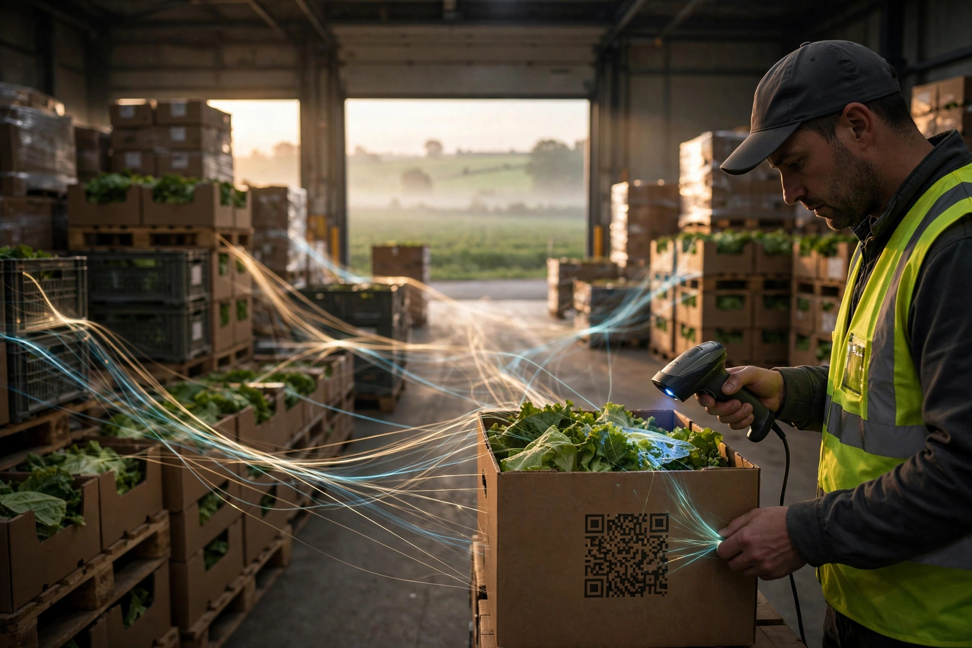 At dawn in a fresh-food distribution warehouse, a worker in a hi-vis vest scans a 2D barcode on a case of leafy greens while glowing traceability threads run from the case back through stacked pallets toward farm fields
