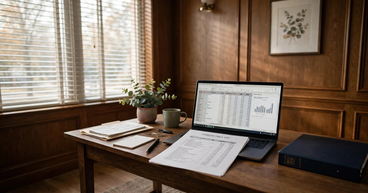 Interior of a funeral home arrangement office with warm wood paneling and pricing documents on a desk