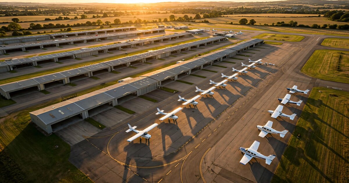 Aerial view of general aviation airport at golden hour with rows of T-hangars and tie-down ramp
