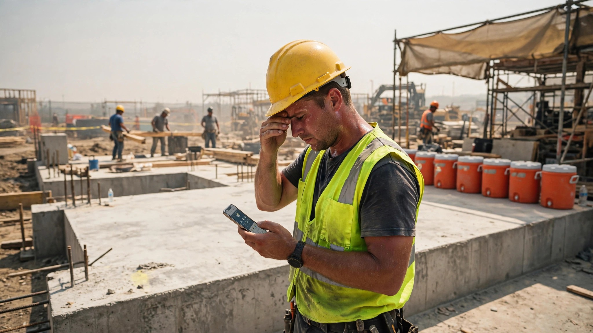 Construction foreman in hard hat checking phone in blazing heat on a job site