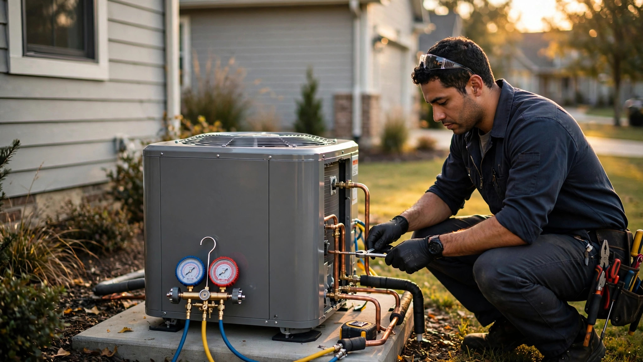 HVAC technician installing a residential heat pump outdoor unit, with manifold gauges and copper refrigerant lines