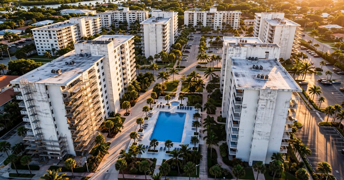 Aerial view of a South Florida condominium complex at golden hour