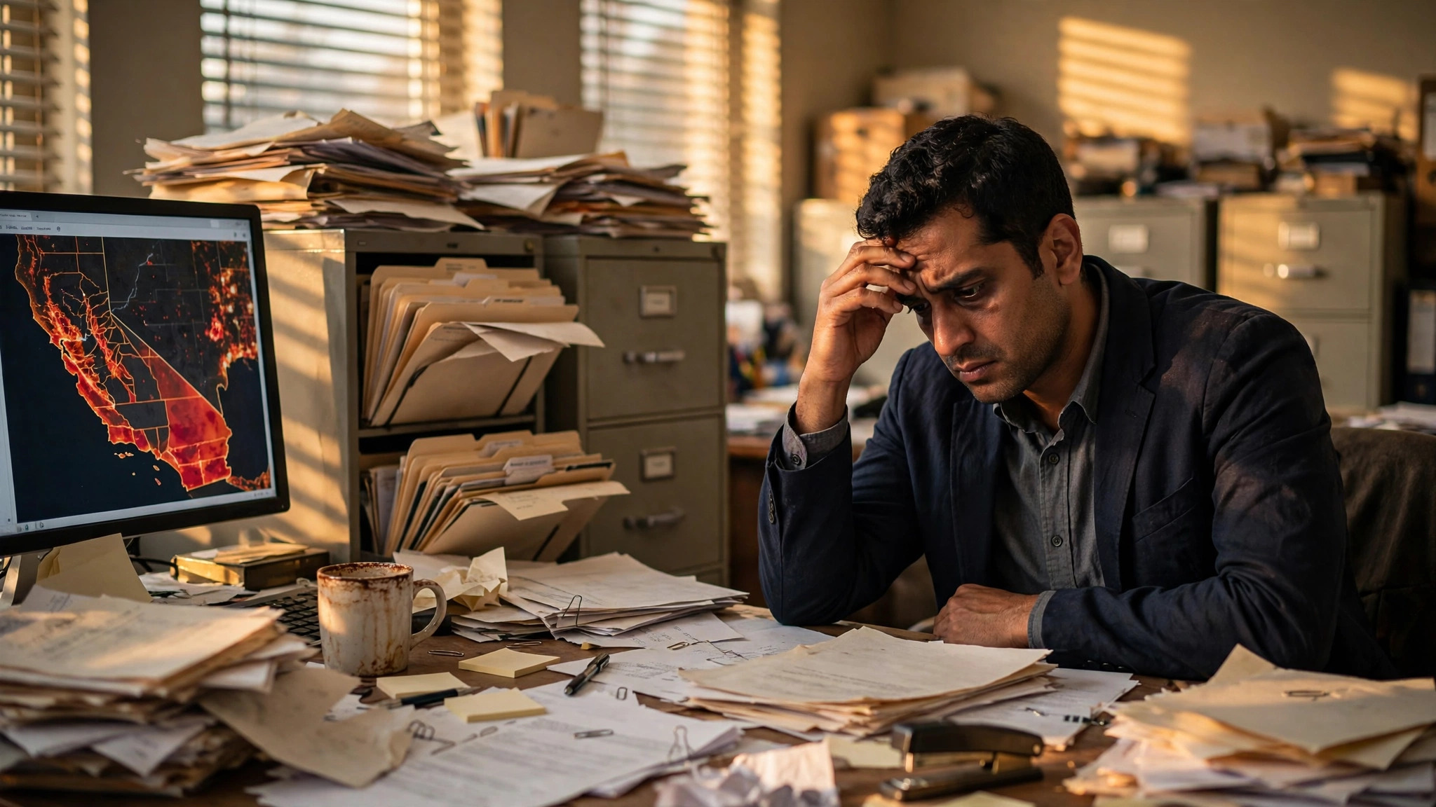 Insurance agent at cluttered desk with policy documents and non-renewal notices