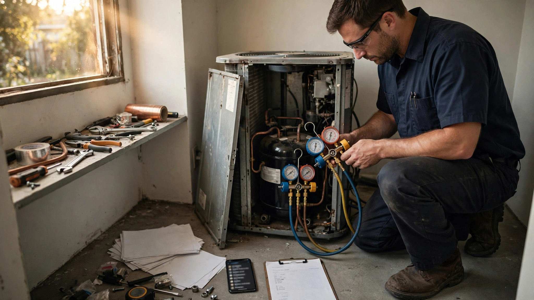 HVAC technician examining a failed compressor beside diagnostic equipment and scattered warranty paperwork