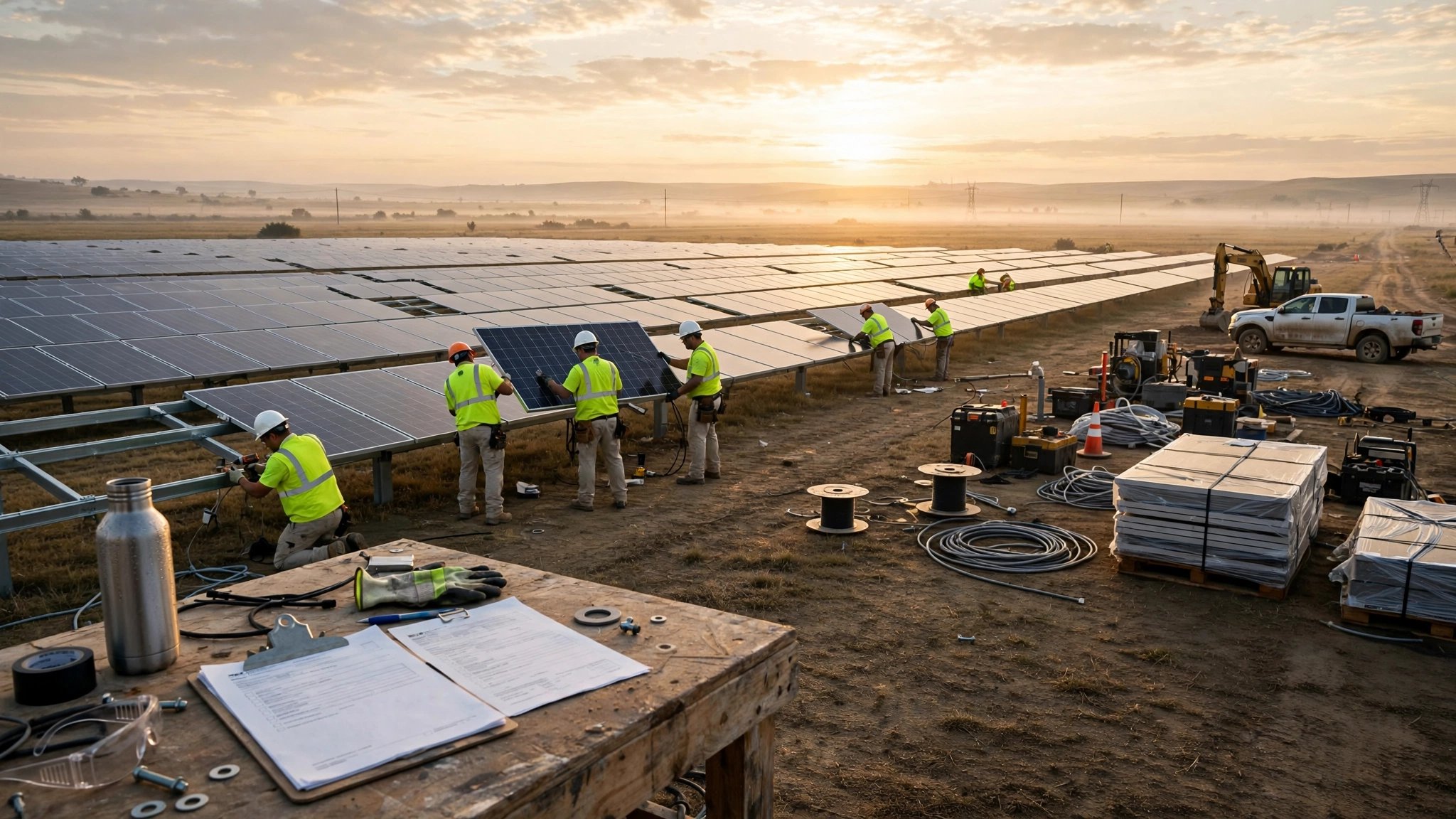 Utility-scale solar farm under construction at dawn with workers in safety vests installing panels