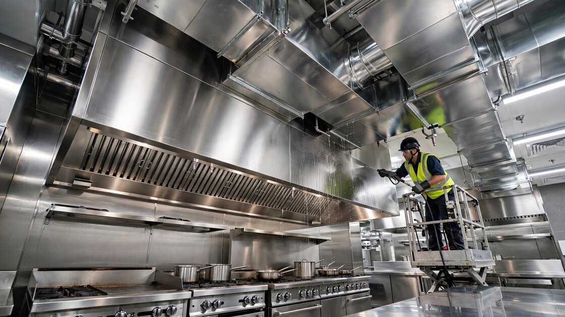 Commercial kitchen exhaust hood system being professionally cleaned
