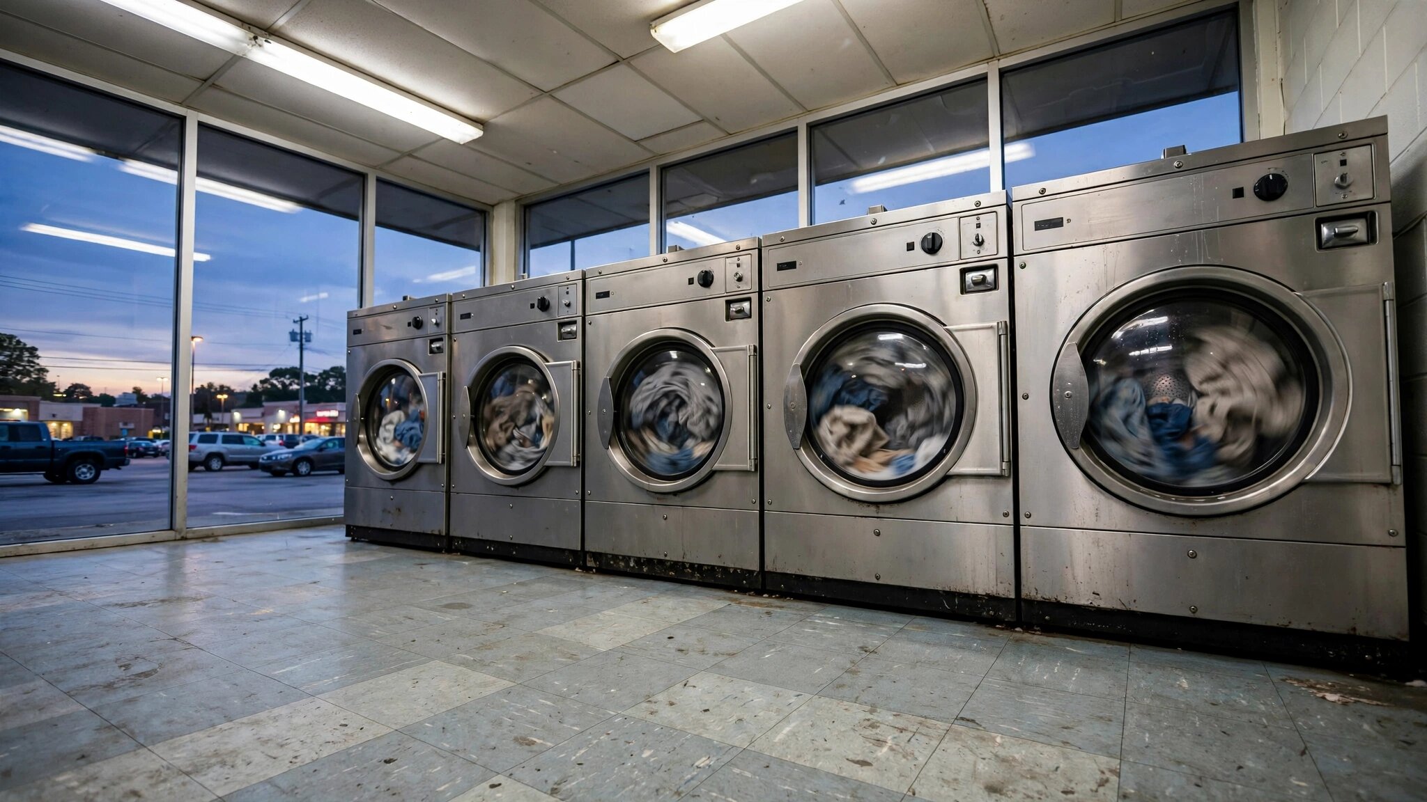 Row of industrial front-loading commercial washing machines in a laundromat with fluorescent lighting