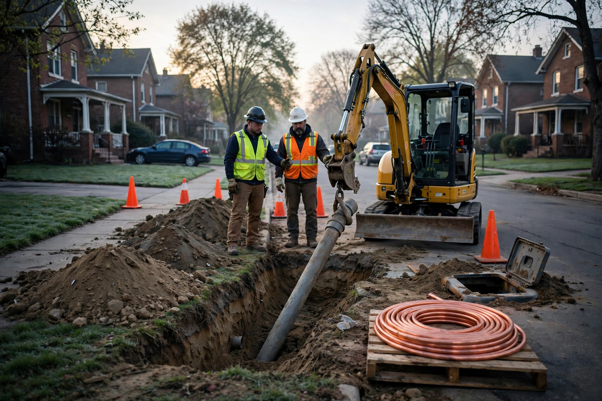 Excavator lifting an old lead water pipe from a residential street trench at dawn, coil of new copper pipe waiting nearby