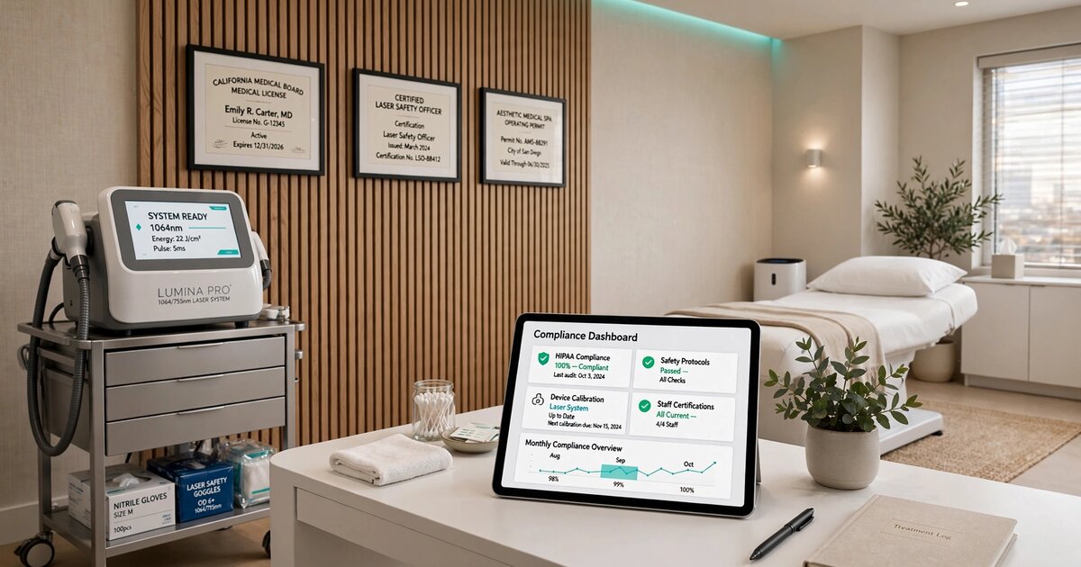 Modern medical spa treatment room with compliance dashboard on tablet