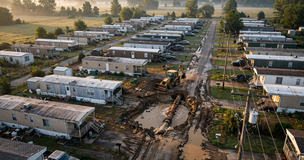 Aerial view of manufactured housing community with aging infrastructure being excavated