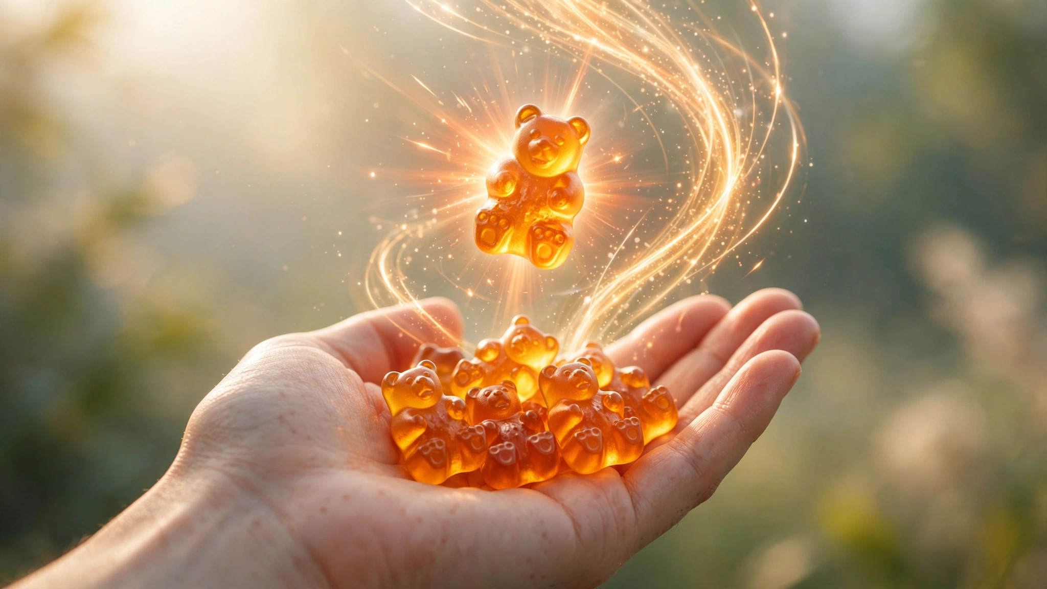Glowing amber gummy bears radiating warm energy, one levitating above an open palm in soft morning light