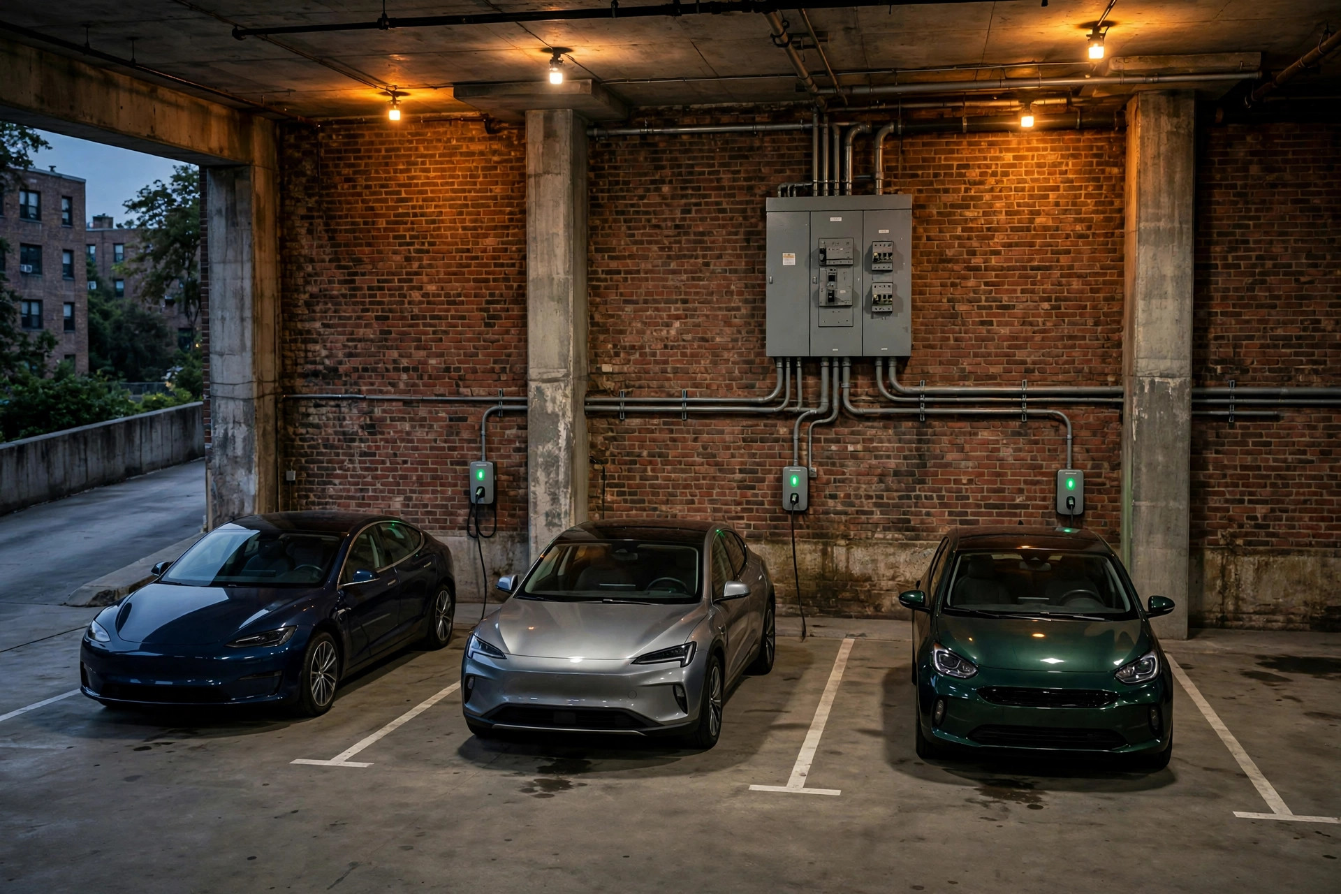 Three electric cars charging in an older brick apartment building's parking garage at dusk, wall-mounted chargers glowing green beneath a large gray electrical breaker panel with conduit