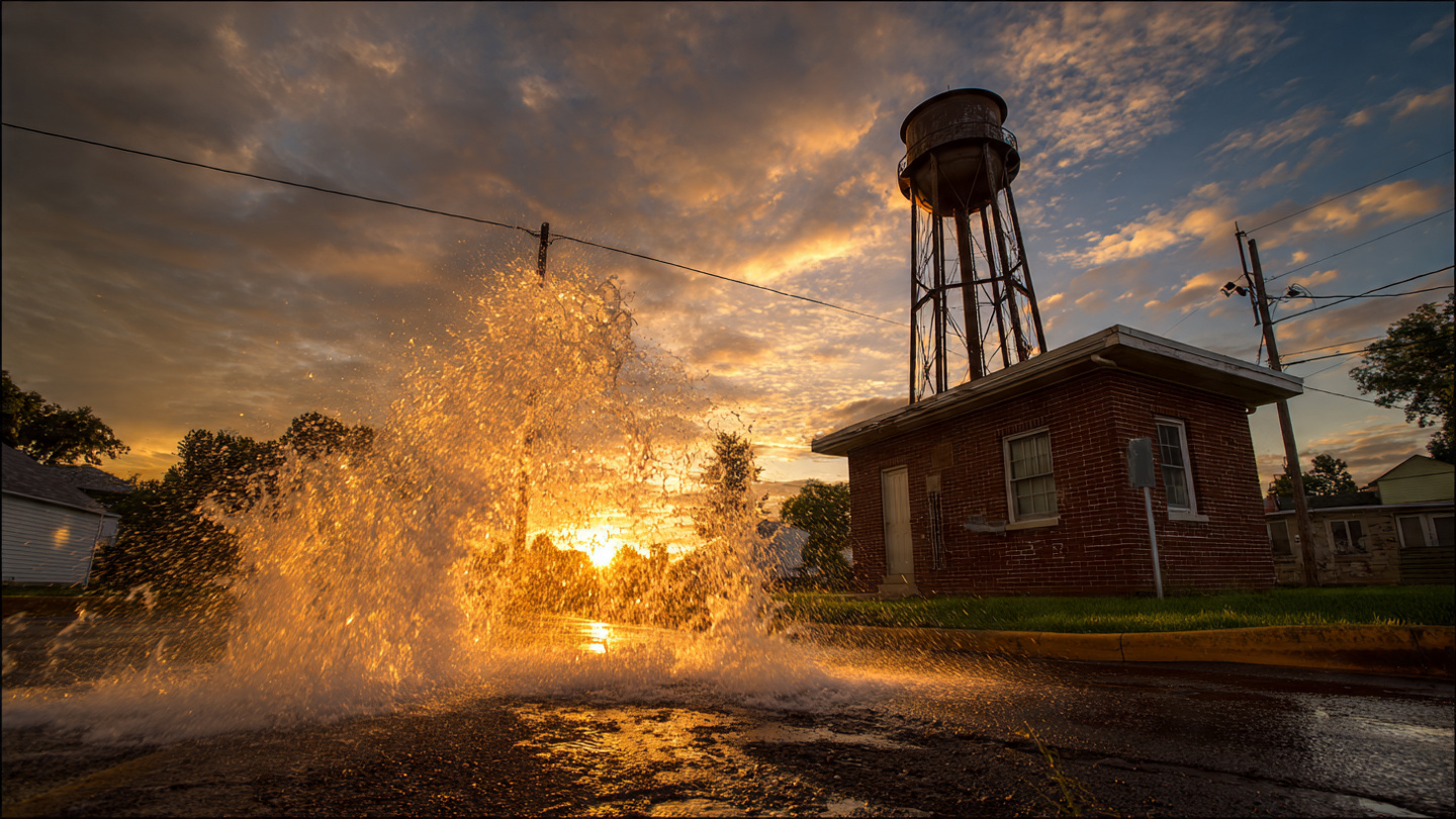 Rural water treatment plant at dawn with aging infrastructure and leaking water main