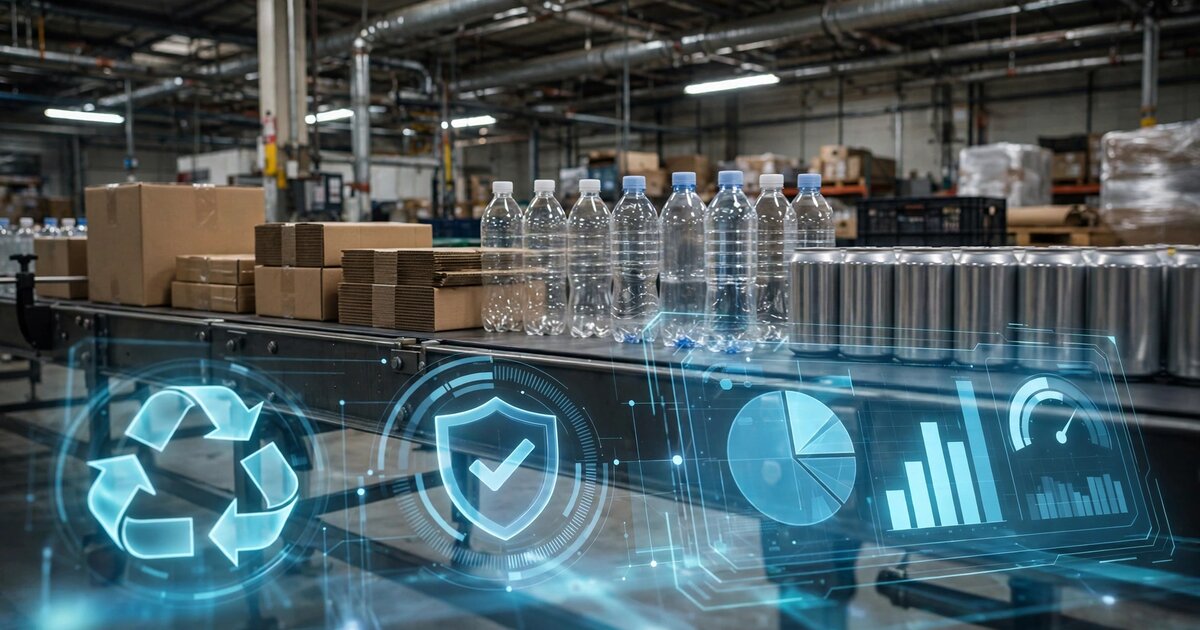 Packaging line with compliance dashboard overlay