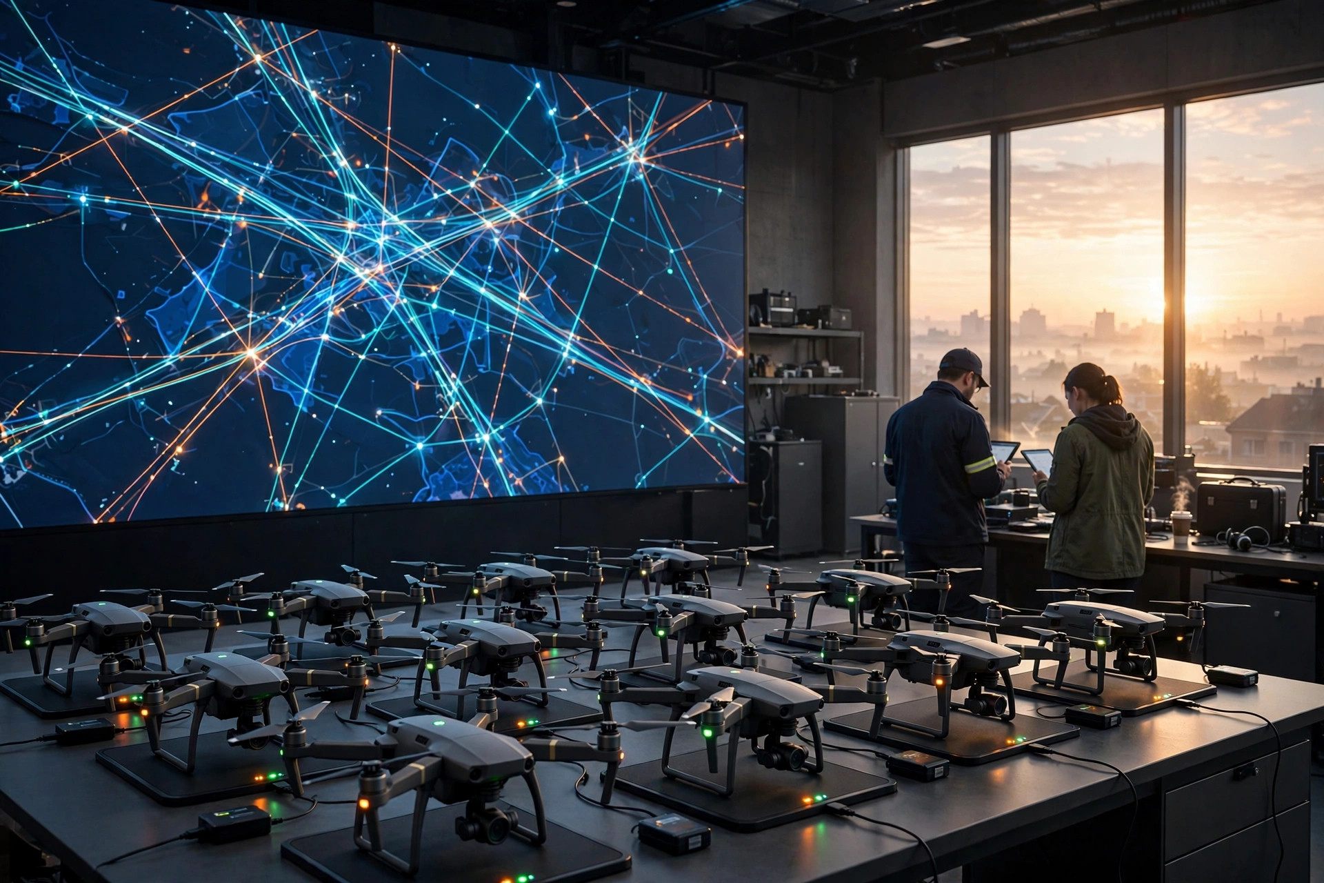 Commercial drone operations center with wall-sized airspace map, inspection drones on charging pads, and engineers reviewing compliance records