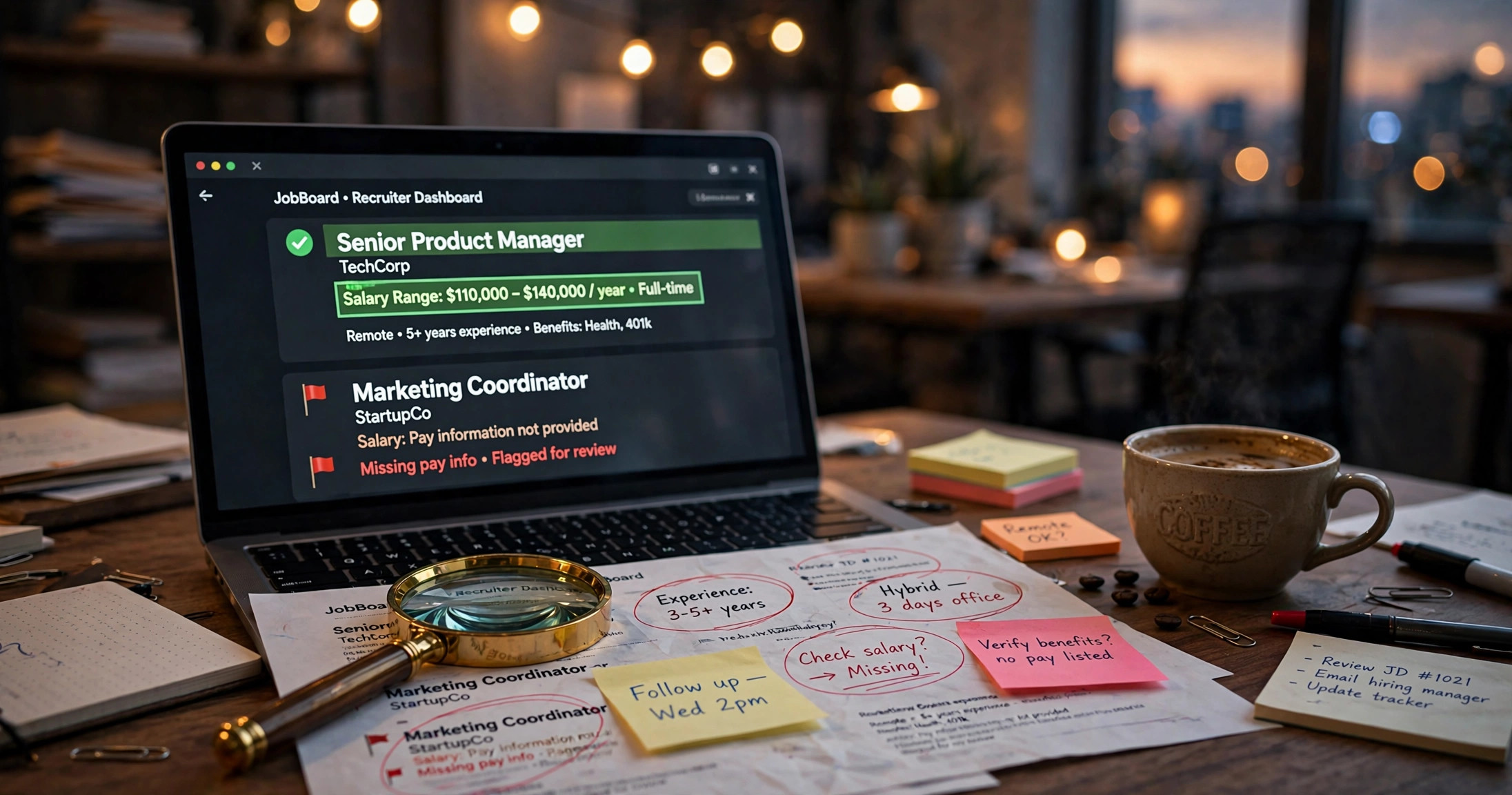 A recruiter dashboard flagging a job posting missing salary information, with a magnifying glass over printed job ads marked up in red