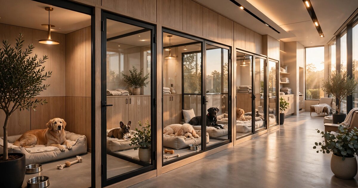 Modern pet boarding facility with luxury kennel suites in warm light