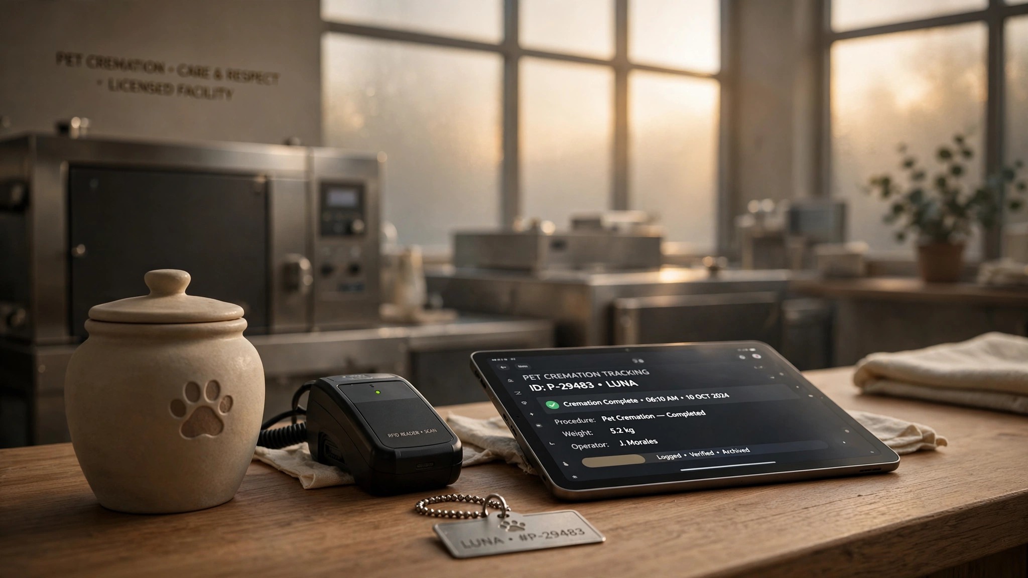 Modern pet cremation facility with RFID tracking equipment and verification system