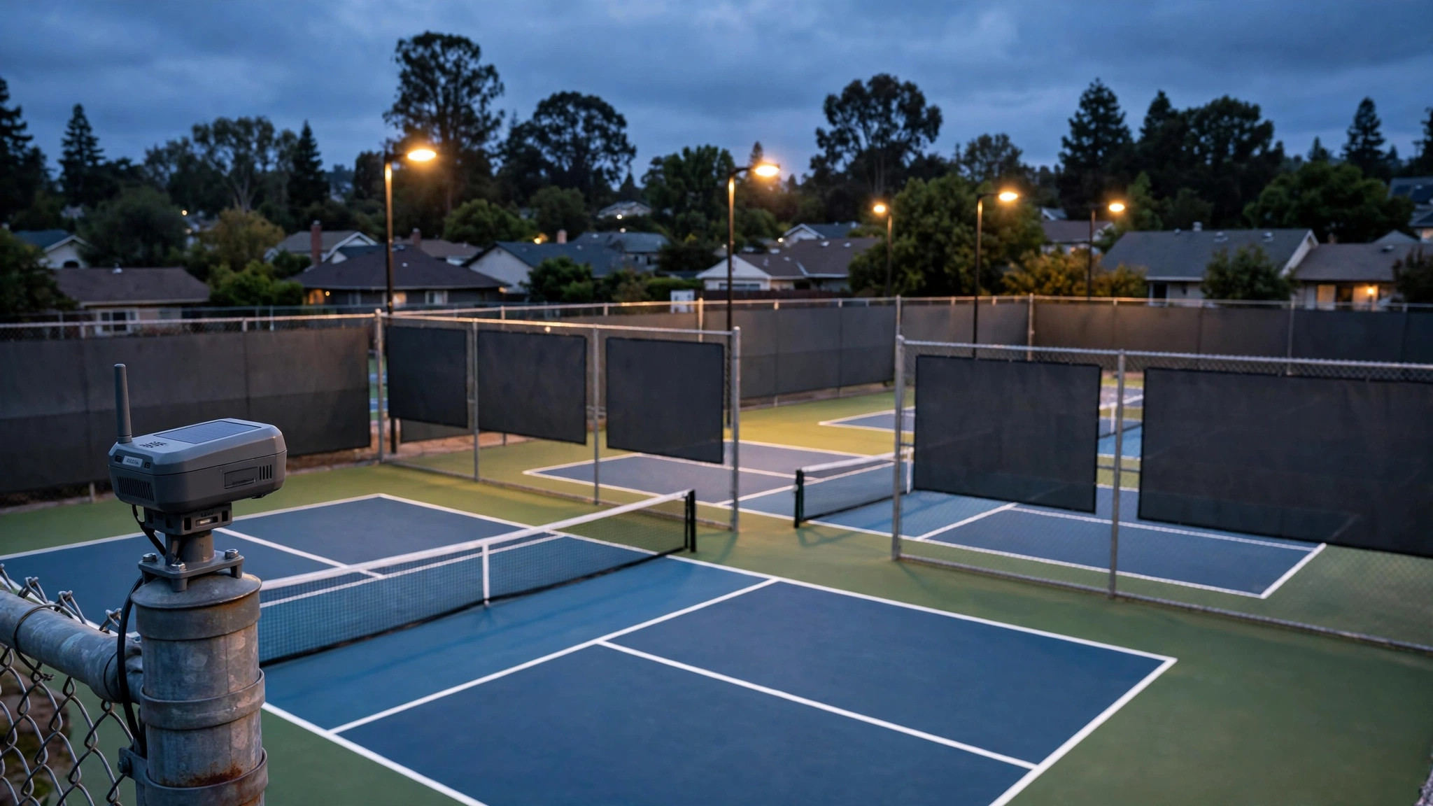 Outdoor pickleball courts at dusk with dark acoustic barrier panels mounted on the fences and a noise-monitoring sensor on a pole in the foreground, residential rooftops visible just beyond the trees