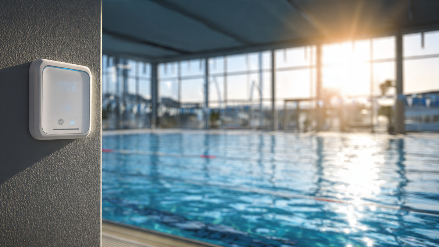 Commercial indoor swimming pool with IoT chemical monitoring sensors on the filtration panel